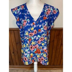 Womens Label by Rachel Roy Blue Multicolor Floral Short Sleeve Blouse Medium
